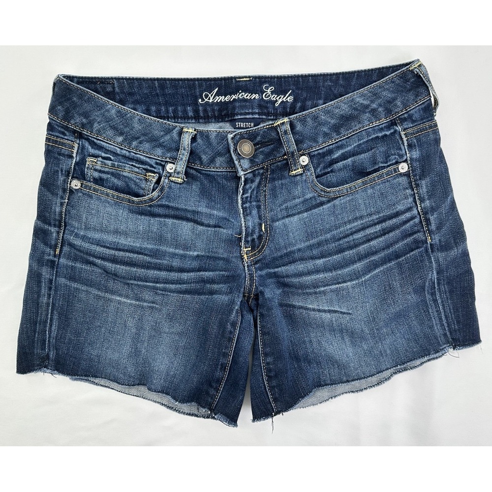 American‎ Eagle Stretch Denim Shorts Dark Wash Blue Women 8 Boho Twee Low Rise
